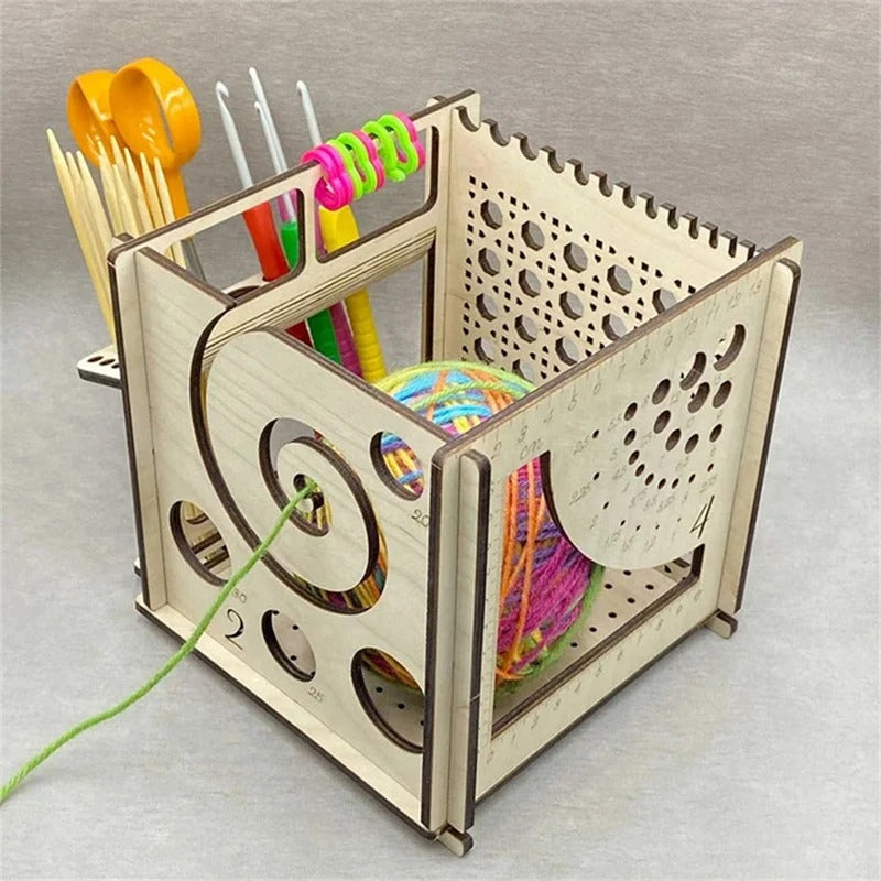 Almacenamiento de madera multifuncional para tejer y crochet.