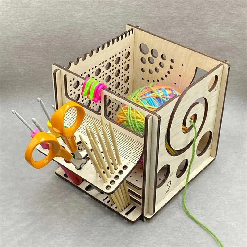 Almacenamiento de madera multifuncional para tejer y crochet.